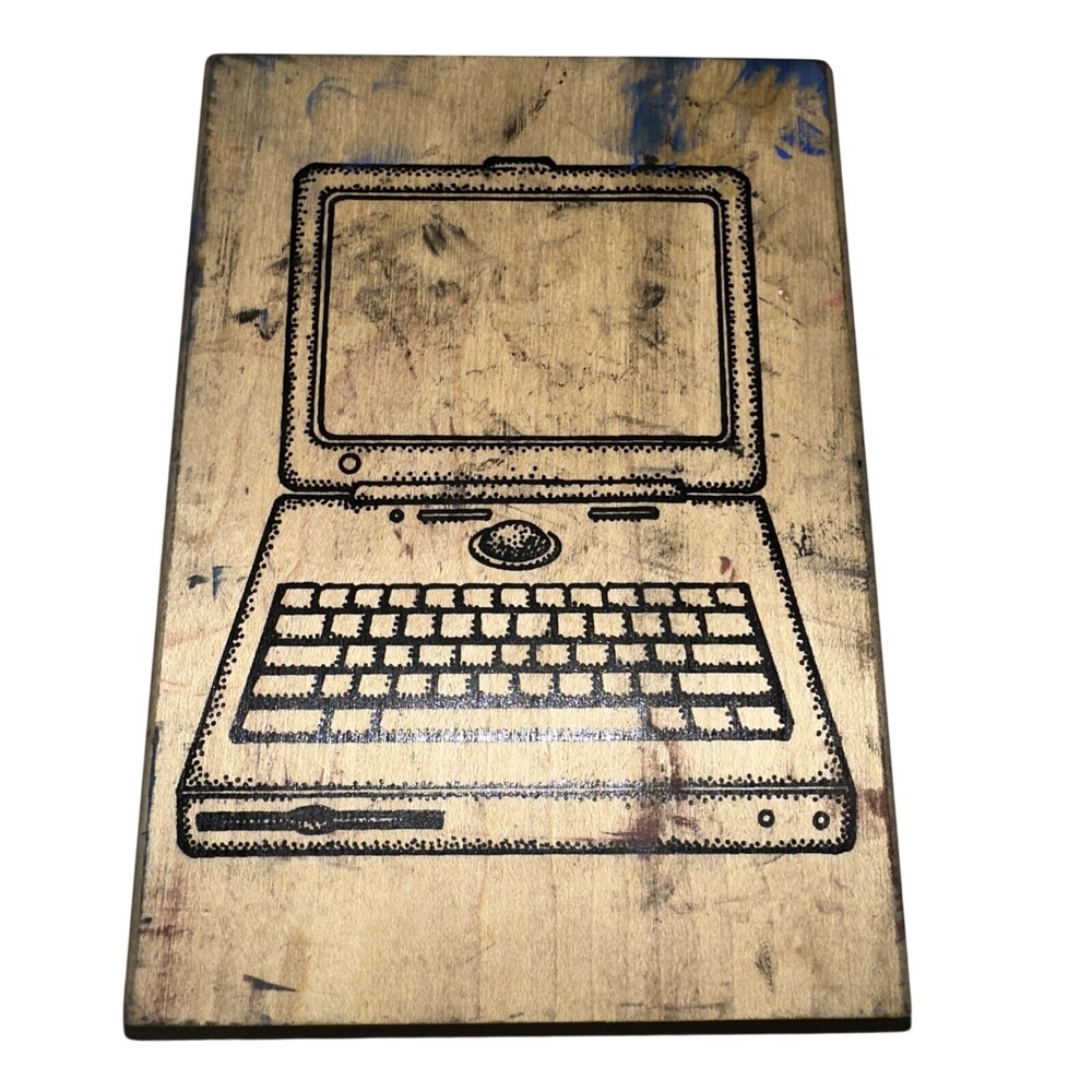 Vintage 1998 Museum of Modern Rubber Laptop Computer Wood Mounted Stamp Retro